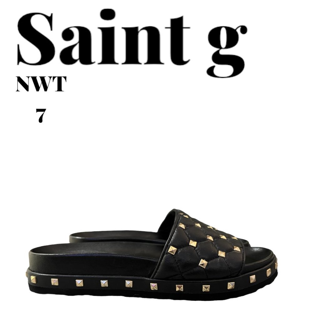 Saint G - Black Quilted Slides with Gold Rhinestones -  7
